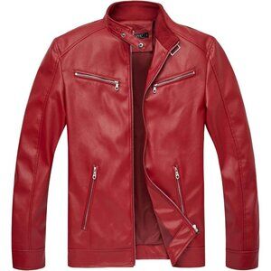 Men's Red Faux Leather Stand Collar Slim Fit Zipper Classic Biker Jacket